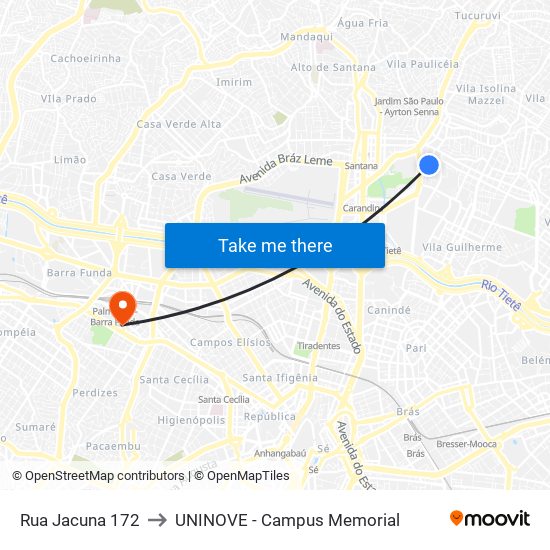 Rua Jacuna 172 to UNINOVE - Campus Memorial map