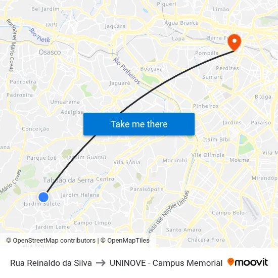 Rua Reinaldo da Silva to UNINOVE - Campus Memorial map
