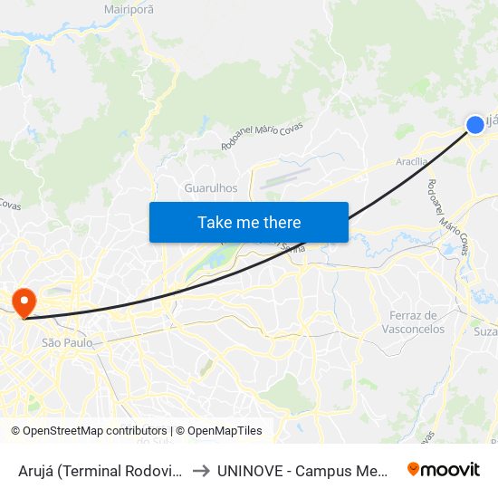 Arujá (Terminal Rodoviário) to UNINOVE - Campus Memorial map