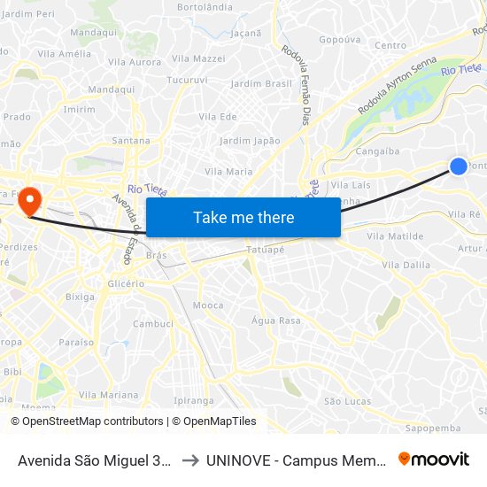 Avenida São Miguel 3324 to UNINOVE - Campus Memorial map