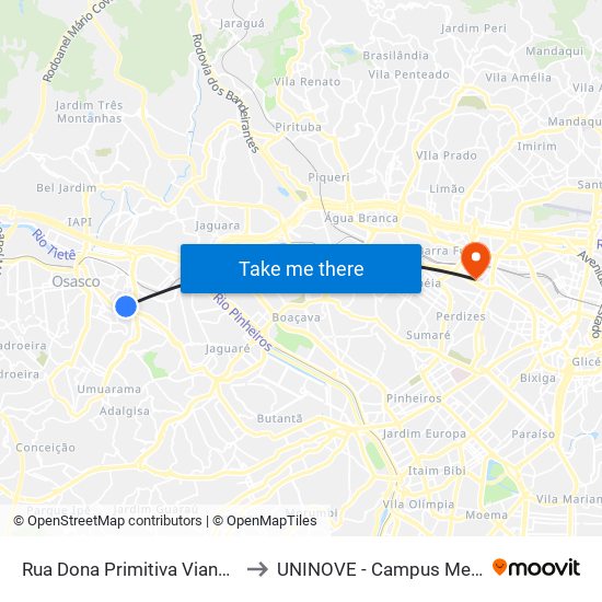 Rua Dona Primitiva Vianco, 987 to UNINOVE - Campus Memorial map