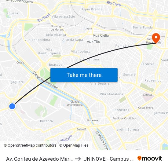 Av. Corifeu de Azevedo Marques, 4077 to UNINOVE - Campus Memorial map