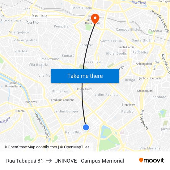 Rua Tabapuã 81 to UNINOVE - Campus Memorial map