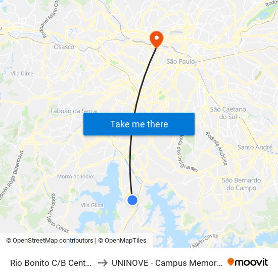 Rio Bonito C/B Central to UNINOVE - Campus Memorial map