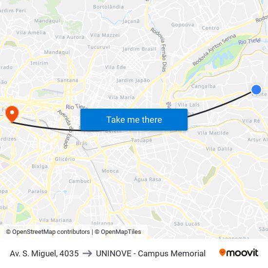 Av. S. Miguel, 4035 to UNINOVE - Campus Memorial map