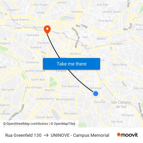 Rua Greenfeld 130 to UNINOVE - Campus Memorial map