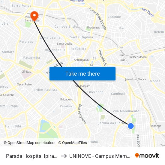 Parada Hospital Ipiranga to UNINOVE - Campus Memorial map