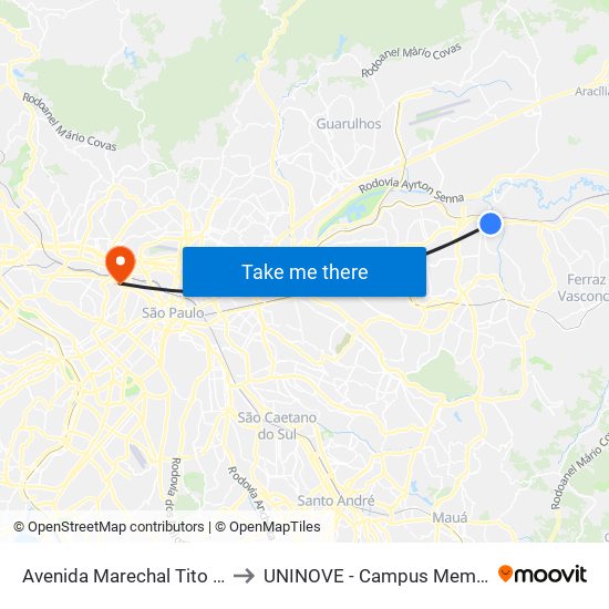 Avenida Marechal Tito 990 to UNINOVE - Campus Memorial map