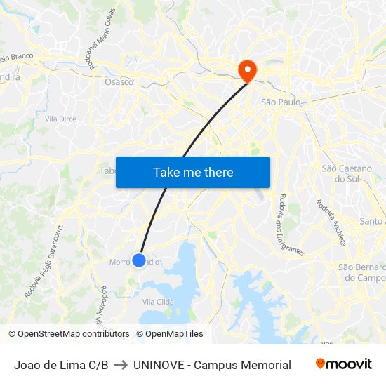 Joao de Lima C/B to UNINOVE - Campus Memorial map