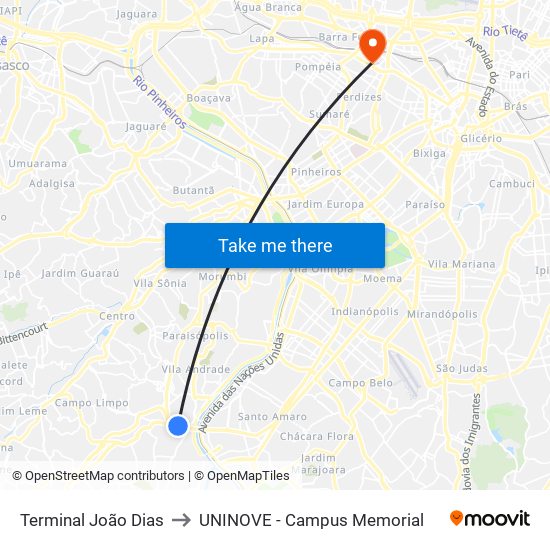 Terminal João Dias to UNINOVE - Campus Memorial map