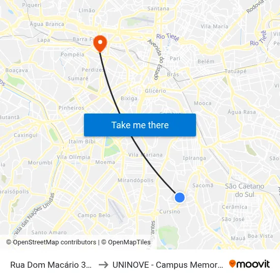 Rua Dom Macário 312 to UNINOVE - Campus Memorial map