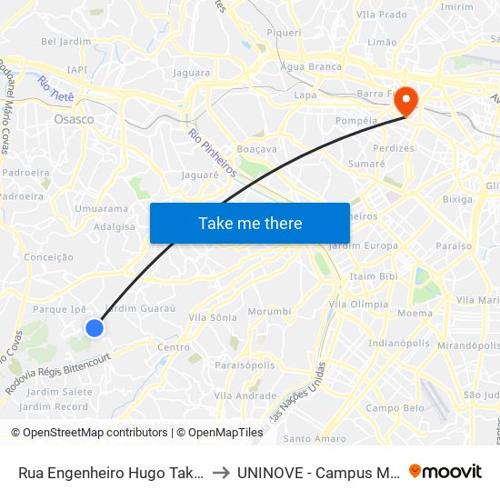 Rua Engenheiro Hugo Takahashi 2 to UNINOVE - Campus Memorial map