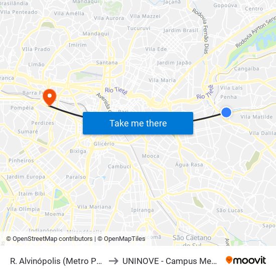 R. Alvinópolis (Metro Penha) to UNINOVE - Campus Memorial map