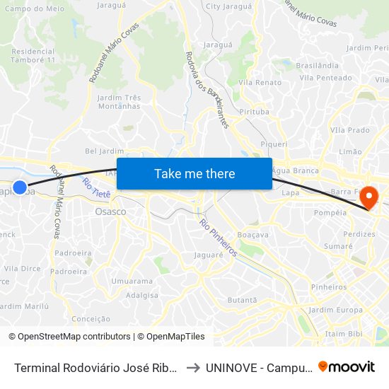 Terminal Rodoviário José Ribeiro - Carapicuíba to UNINOVE - Campus Memorial map