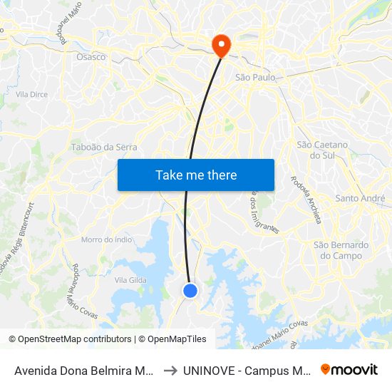Avenida Dona Belmira Marin 384 to UNINOVE - Campus Memorial map