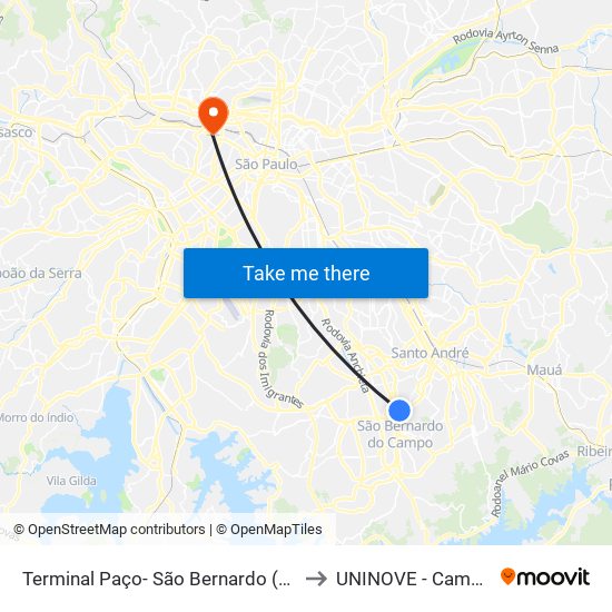 Terminal Paço- São Bernardo (Proibido O Embarque) to UNINOVE - Campus Memorial map