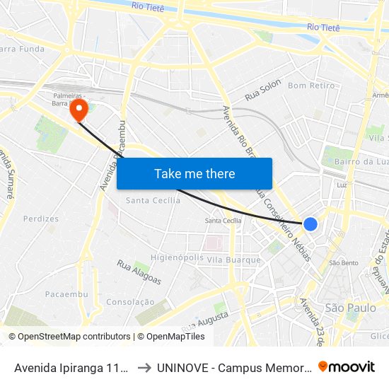 Avenida Ipiranga 1119 to UNINOVE - Campus Memorial map