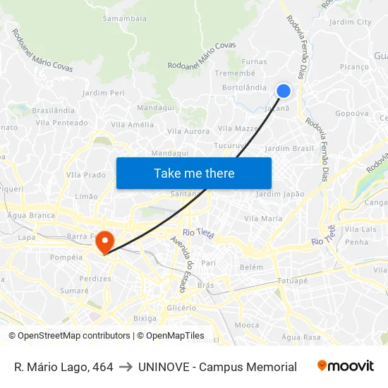R. Mário Lago, 464 to UNINOVE - Campus Memorial map