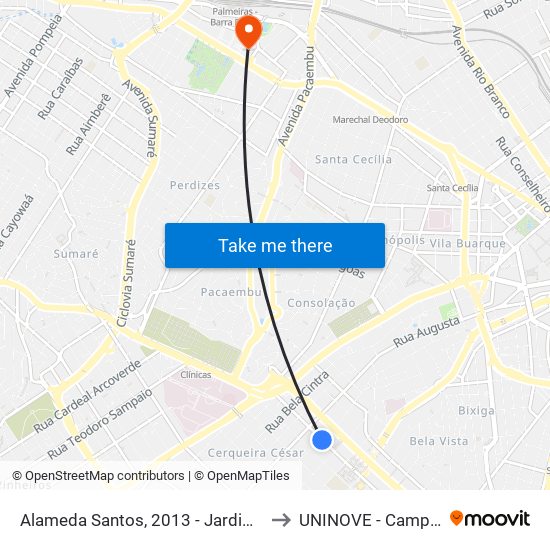 Alameda Santos, 2013 - Jardim Paulista, São Paulo to UNINOVE - Campus Memorial map