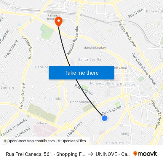 Rua Frei Caneca, 561 - Shopping Frei Caneca - Bela Vista, São Paulo to UNINOVE - Campus Memorial map
