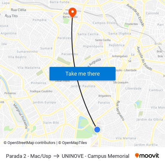 Parada 2 - Mac/Usp to UNINOVE - Campus Memorial map