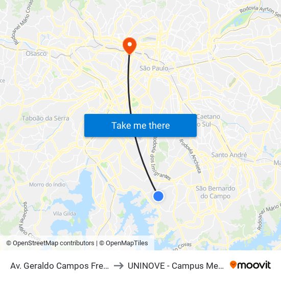 Av. Geraldo Campos Freire, 31 to UNINOVE - Campus Memorial map