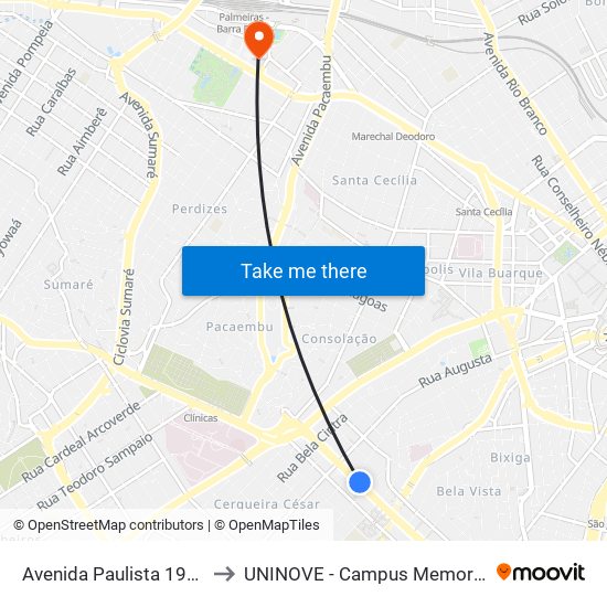 Avenida Paulista 1904 to UNINOVE - Campus Memorial map