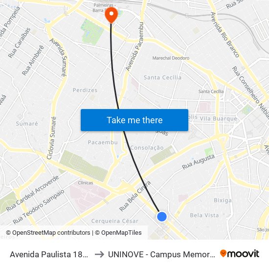 Avenida Paulista 1810 to UNINOVE - Campus Memorial map
