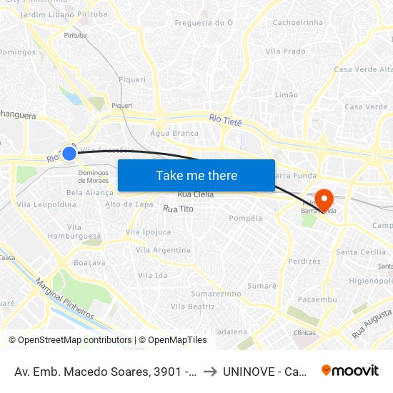 Av. Emb. Macedo Soares, 3901 - Vila Leopoldina, São Paulo to UNINOVE - Campus Memorial map