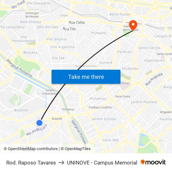 Rod. Raposo Tavares to UNINOVE - Campus Memorial map