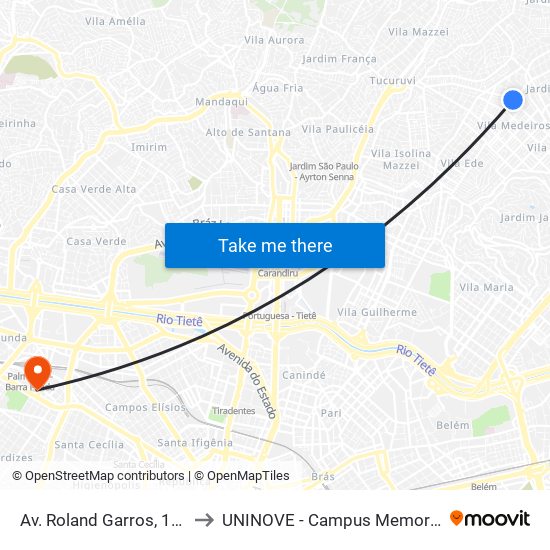 Av. Roland Garros, 181 to UNINOVE - Campus Memorial map