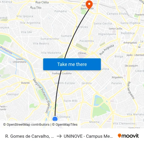 R. Gomes de Carvalho, 1666 to UNINOVE - Campus Memorial map