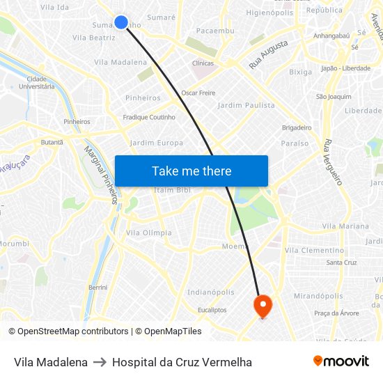 Vila Madalena to Hospital da Cruz Vermelha map