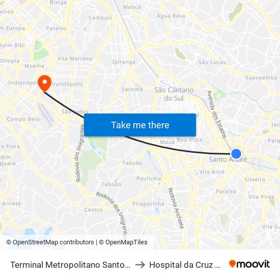 Terminal Metropolitano Santo André Leste to Hospital da Cruz Vermelha map