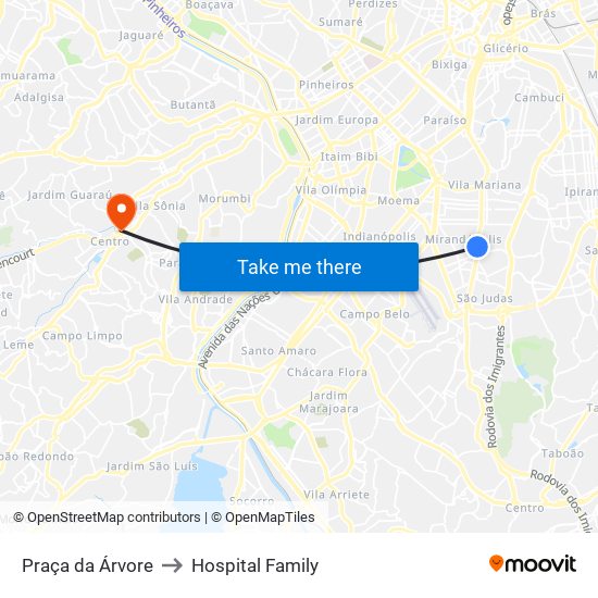 Praça da Árvore to Hospital Family map