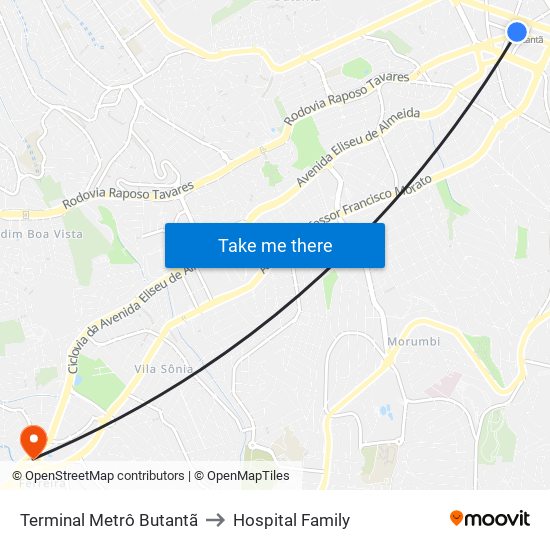 Terminal Metrô Butantã to Hospital Family map