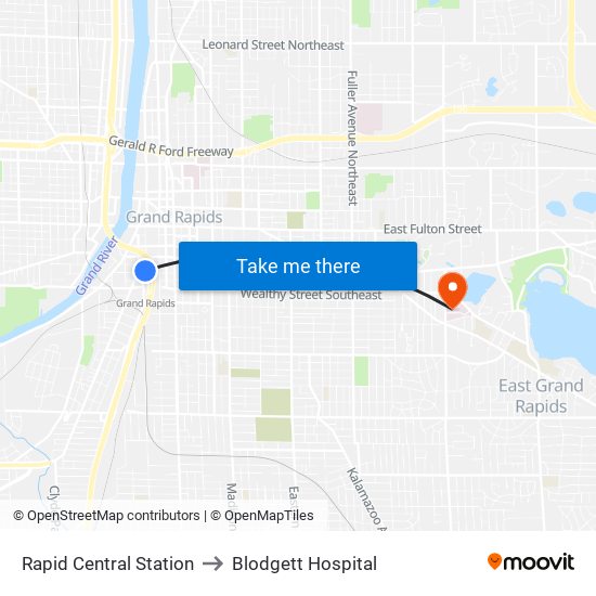 Rapid Central Station to Blodgett Hospital map