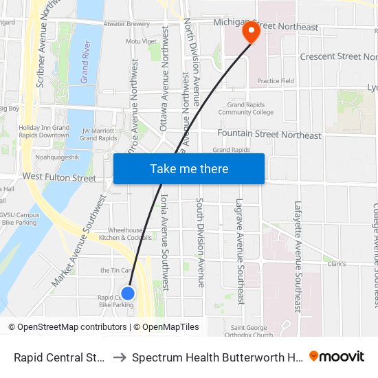 Rapid Central Station to Spectrum Health Butterworth Hospital map