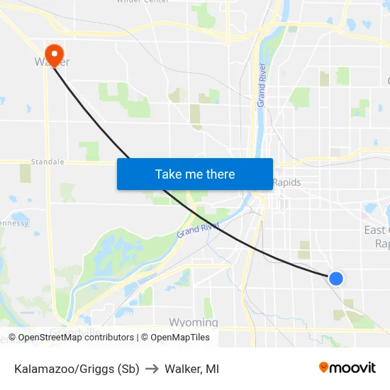 Kalamazoo/Griggs (Sb) to Walker, MI map