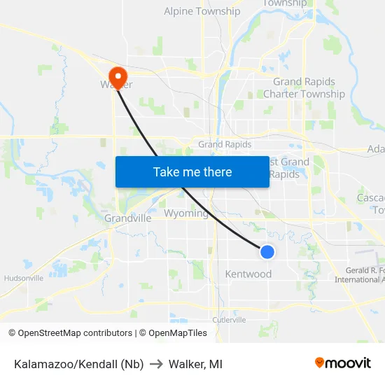 Kalamazoo/Kendall (Nb) to Walker, MI map
