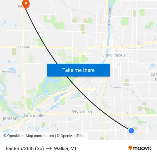 Eastern/36th (Sb) to Walker, MI map