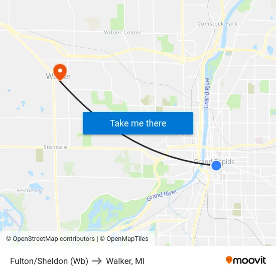 Fulton/Sheldon (Wb) to Walker, MI map