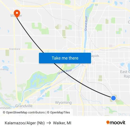 Kalamazoo/Alger (Nb) to Walker, MI map