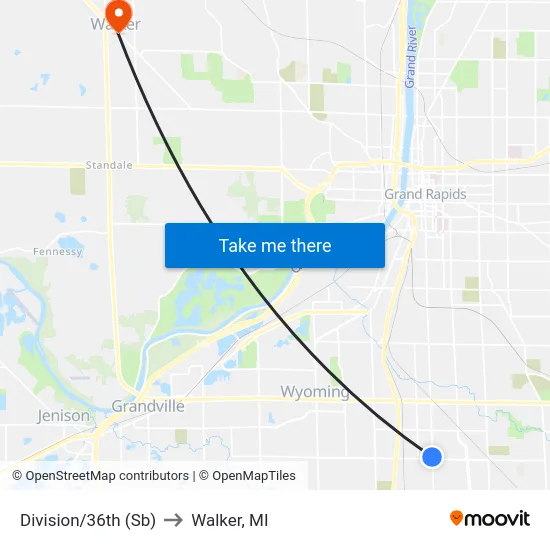 Division/36th (Sb) to Walker, MI map