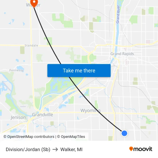 Division/Jordan (Sb) to Walker, MI map