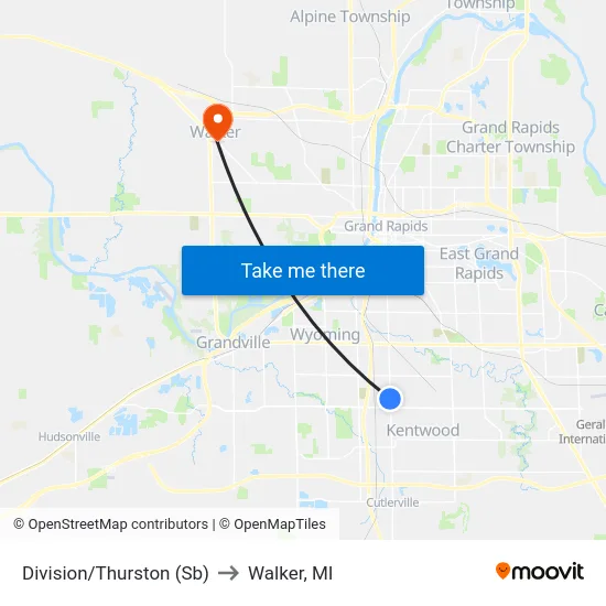 Division/Thurston (Sb) to Walker, MI map