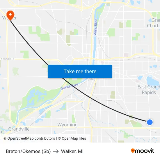 Breton/Okemos (Sb) to Walker, MI map