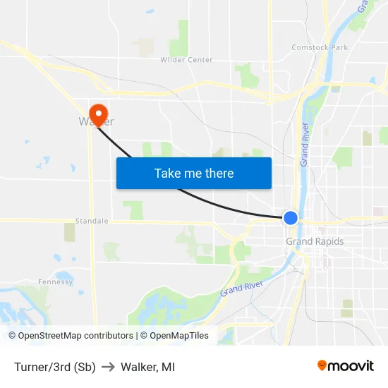 Turner/3rd (Sb) to Walker, MI map