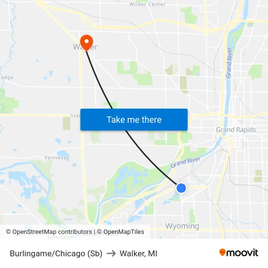 Burlingame/Chicago (Sb) to Walker, MI map