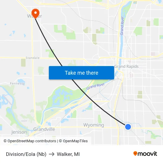 Division/Eola (Nb) to Walker, MI map